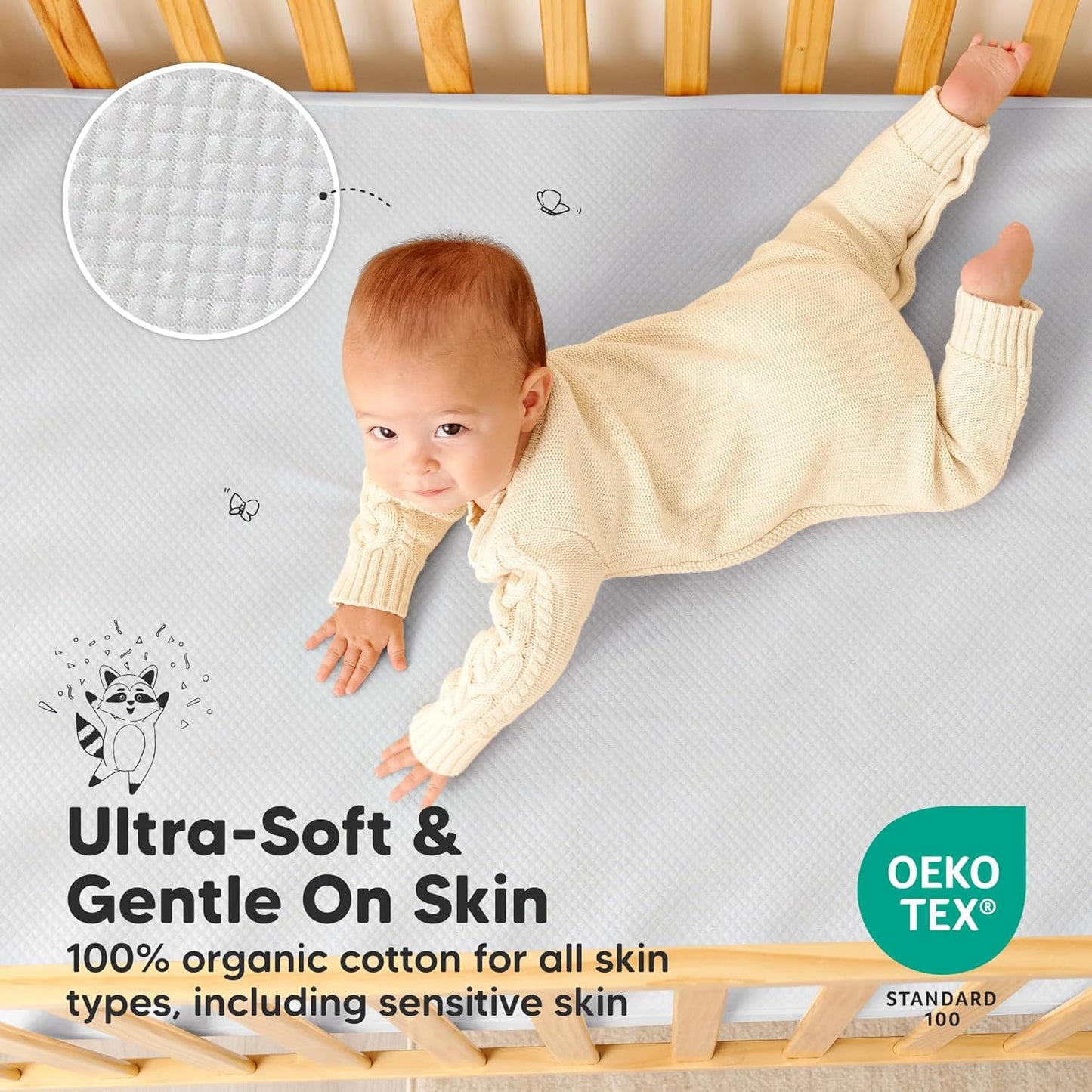 2-Pack Waterproof Crib Mattress Protector Cover Fitted - Quiet Baby Crib Mattress Pad Sheets, 52" x 28" Soft Quilted Cotton Baby Sheet, Machine Washable, Easy Fit, Durable (Soft White/Mavy)