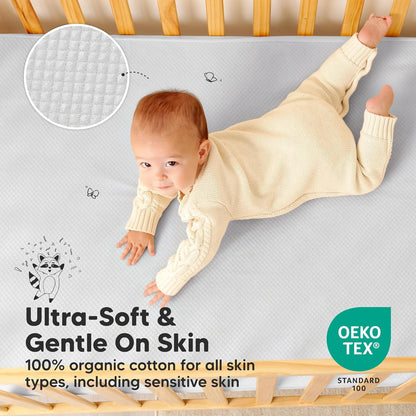 2-Pack Waterproof Crib Mattress Protector Cover Fitted - Quiet Baby Crib Mattress Pad Sheets, 52" x 28" Soft Quilted Cotton Baby Sheet, Machine Washable, Easy Fit, Durable (Soft White/Mavy)
