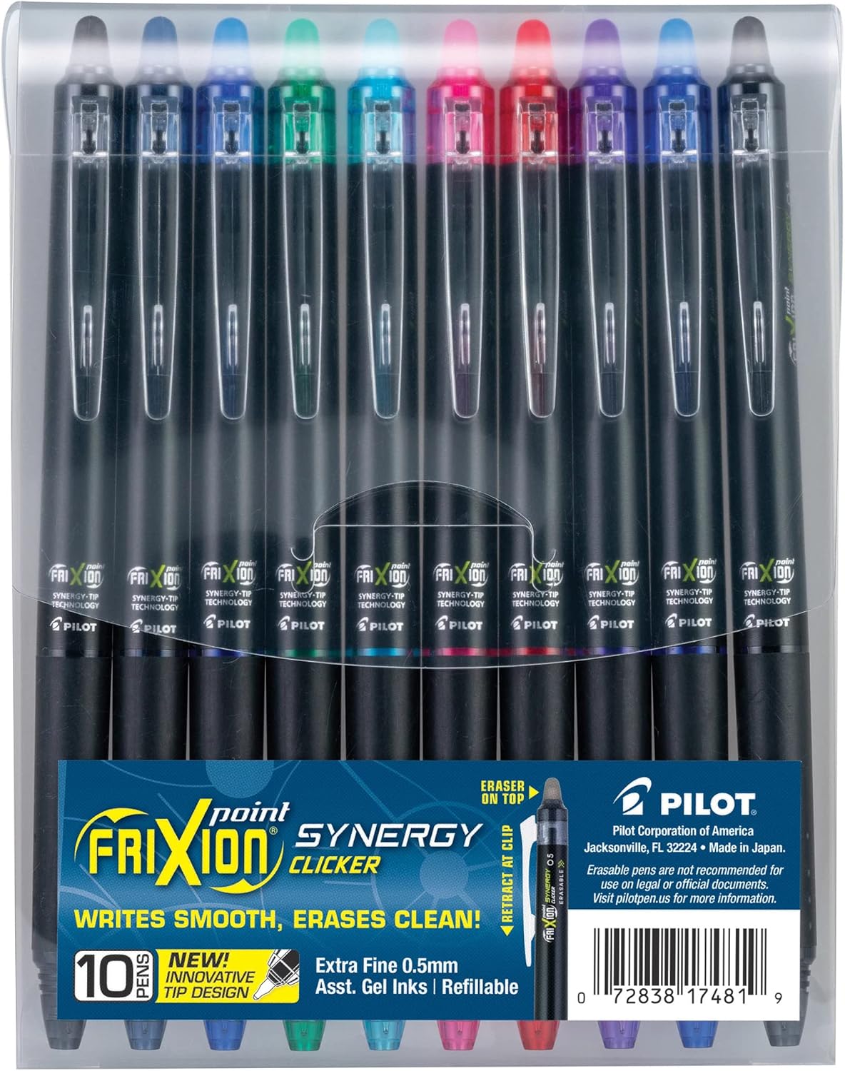 PILOT FriXion Synergy Clicker Erasable, Refillable & Retractable Gel Ink Pens, 0.5mm Extra Fine Point, Black Ink, 5-Pack