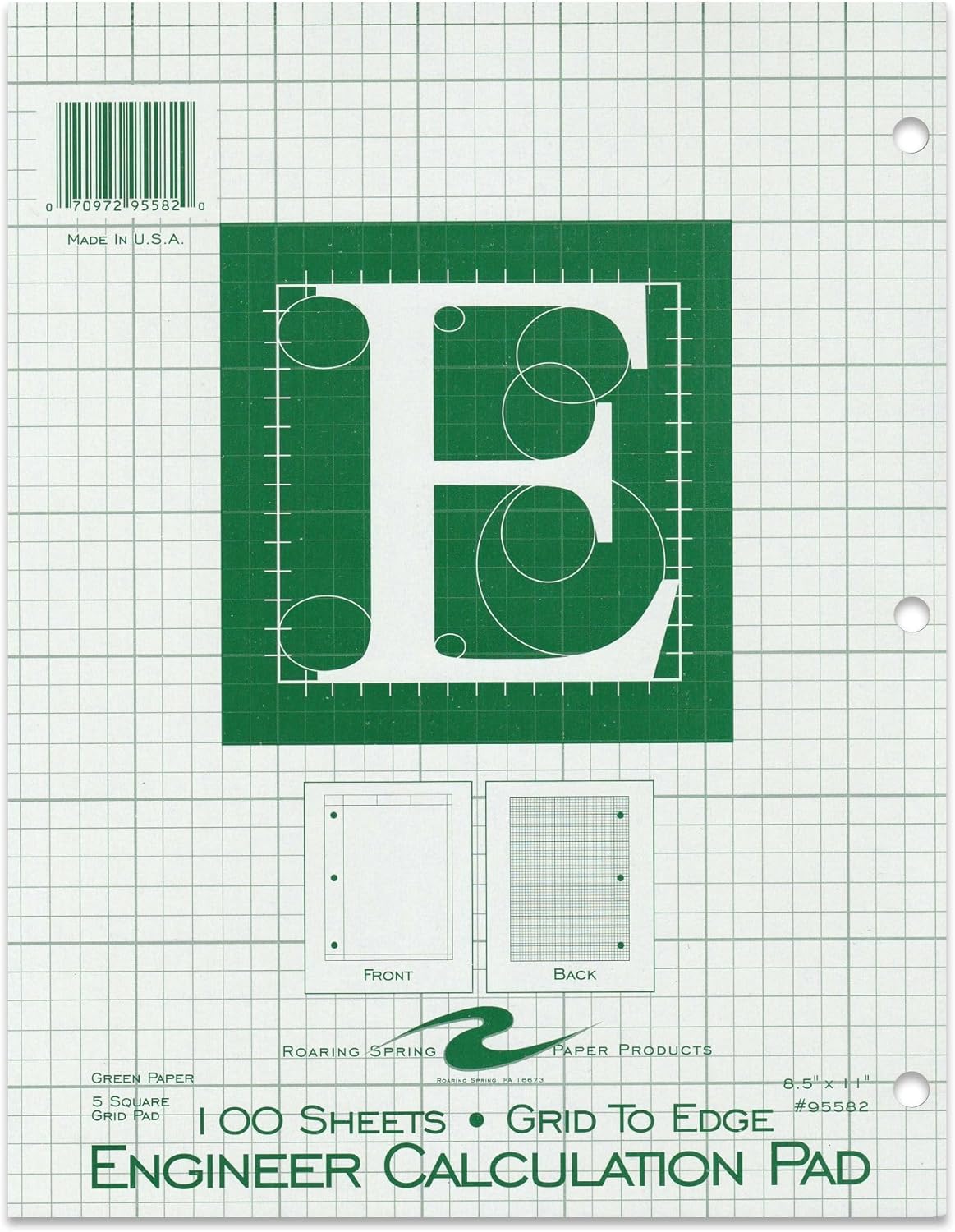 ROARING SPRING Graph Ruled Engineering Pad, Engineering Graph Paper Pad, 5x5 Enclosed Grid, 8.5" x 11", 100 Sheets, 3 Hole Punched, Buff Tinted Sheets, Made in USA