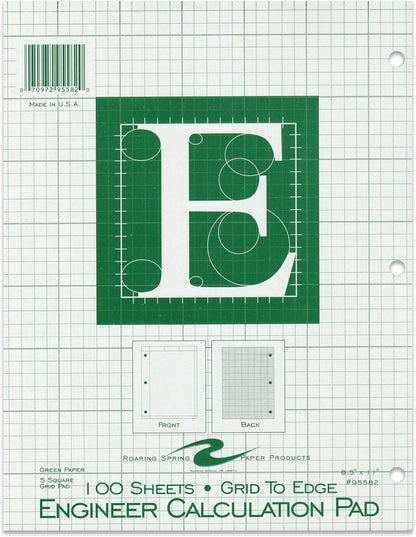 ROARING SPRING Graph Ruled Engineering Pad, Engineering Graph Paper Pad, 5x5 Enclosed Grid, 8.5" x 11", 100 Sheets, 3 Hole Punched, Buff Tinted Sheets, Made in USA