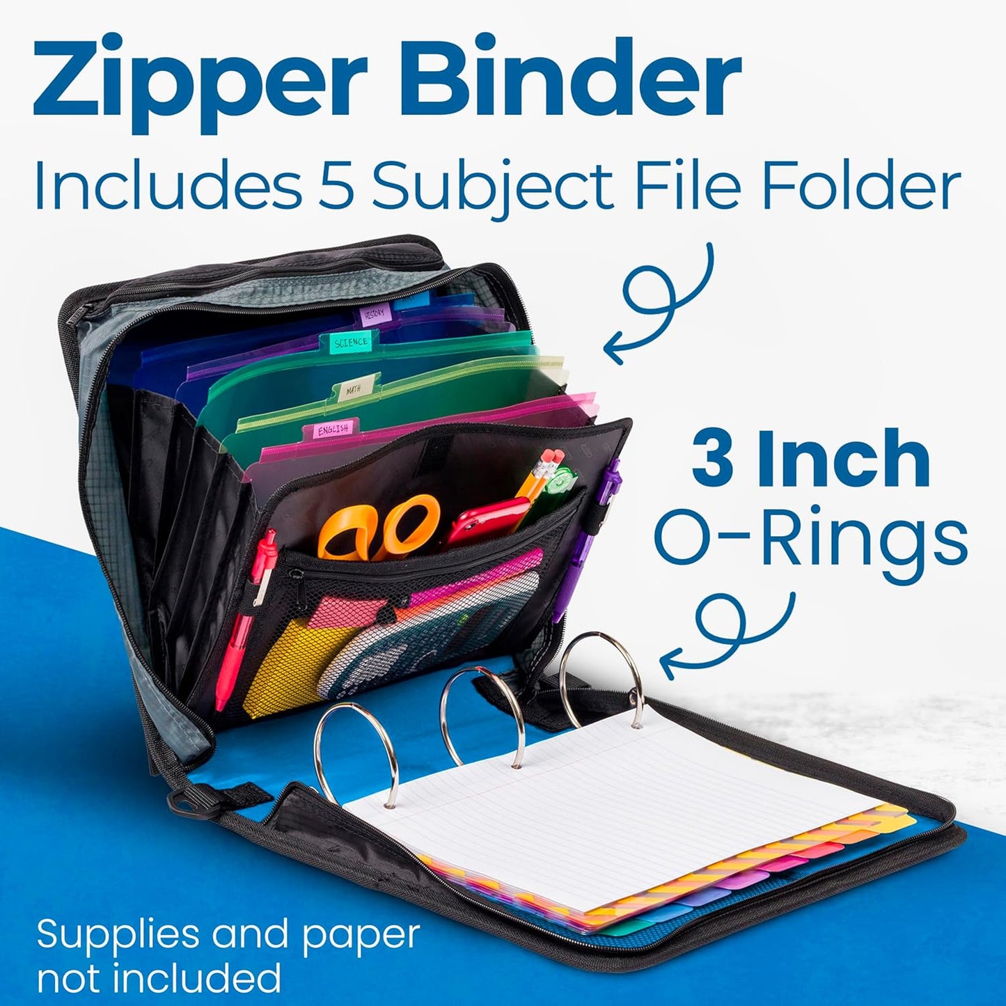 Case-it Mighty Zip Tab School Zipper Binder | 3-Inch O-Rings, 600-Sheet Capacity, 5-Subject Expanding File Folder, Multiple Pockets & Storage Organizer, Shoulder Strap | D-146 Jet Black