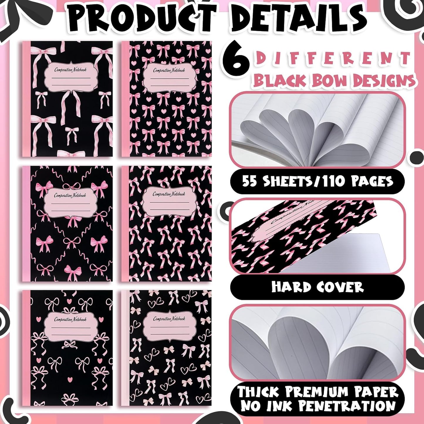 Fullhawl 6 Pcs Bow Composition Notebooks, Preppy Coquette Notebook College Ruled Journal, 110 Page, Cute Back to School Gift for Teacher, Student, First Day of Schooll(Pink,9-3/4 x 7-1/2")
