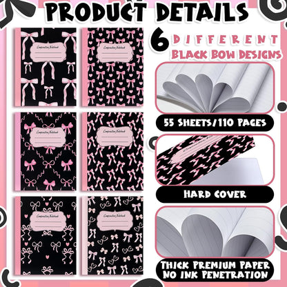 Fullhawl 6 Pcs Bow Composition Notebooks, Preppy Coquette Notebook College Ruled Journal, 110 Page, Cute Back to School Gift for Teacher, Student, First Day of Schooll(Pink,9-3/4 x 7-1/2")