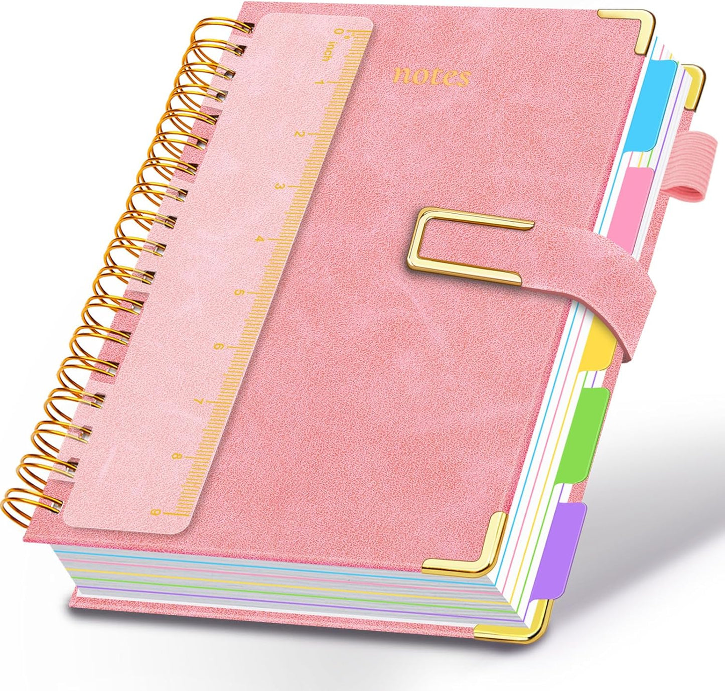 Hardcover Spiral Notebook College Ruled, 8"x10" Leather Journal Notebook with Magnetic Closure, 300 Pages 5 Subject Notebook with Dividers Tabs Journal for Women Men, Work, School(Rose Red)