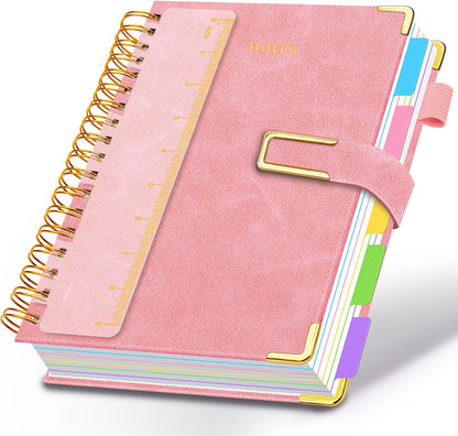 Hardcover Spiral Notebook College Ruled, 8"x10" Leather Journal Notebook with Magnetic Closure, 300 Pages 5 Subject Notebook with Dividers Tabs Journal for Women Men, Work, School(Rose Red)