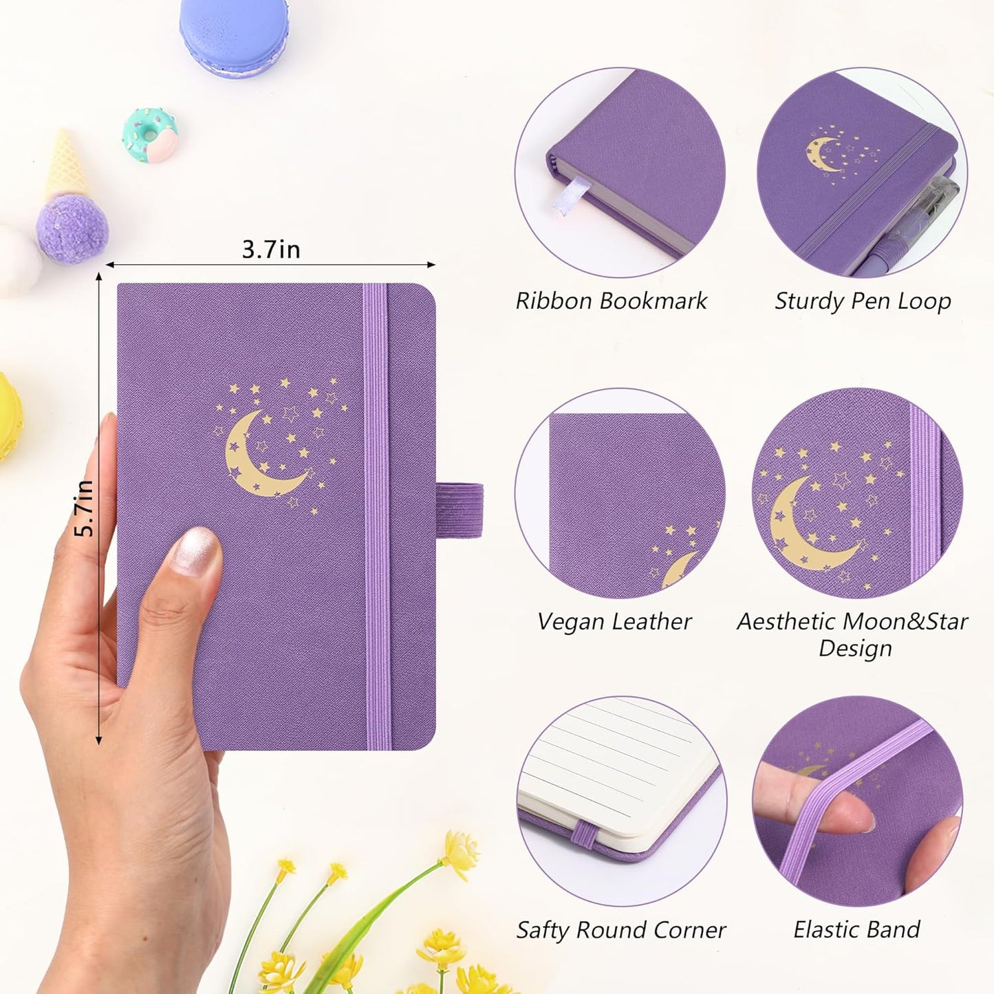 BOBO RABBIT 3 Pack Pocket Small Notebooks Total 600 Pages A6 Moon Star Aesthetic Mini Compact Journal Notebook For Note Taking Journaling Hardcover Leather College Ruled Lined Note Pads for Women Men Travel Office School
