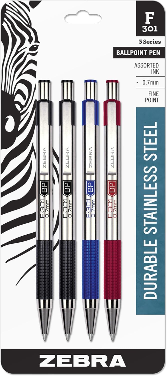 Zebra Pen F-301 Ballpoint Black, Blue, Red and Green Ink, Fine Point 0.7mm Pen, Easy-Glide Ink, Stainless Steel Retractable, Non-Slip Grip, Professional Design, Ideal for Office, 4-Pack (27174)