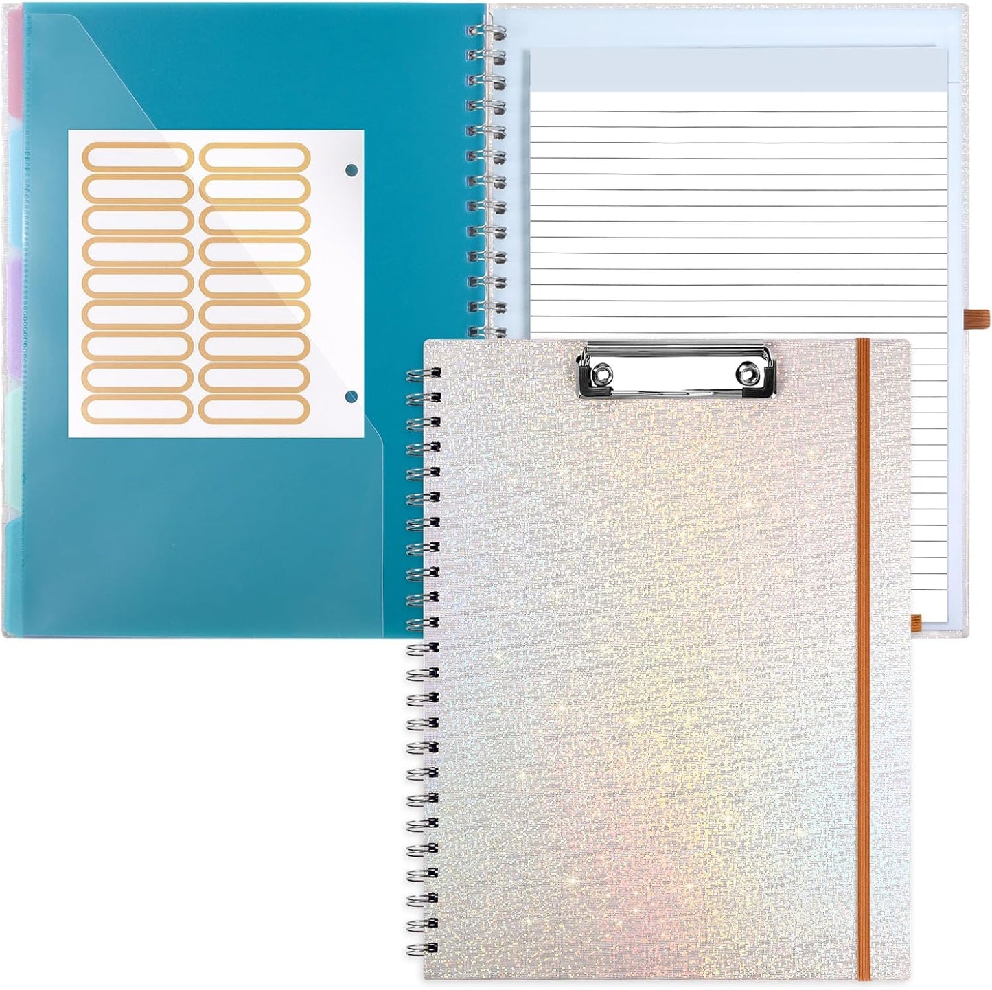 Glitter Clipboard Notebook with Storage for Letter Size, 8.5 x 11 Notepad Holder with 5 Folders and Dividers, Size 12.8X 9.7 in, Spiral Portfolio for Nursing Teacher School Supplies,.Teal