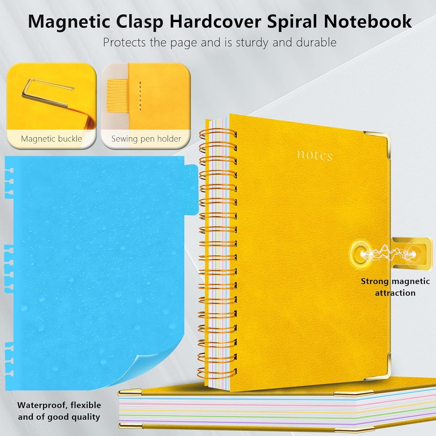 Hardcover Spiral Notebook College Ruled, 8"x10" Leather Journal Notebook with Magnetic Closure, 300 Pages 5 Subject Notebook with Dividers Tabs Journal for Women Men, Work, School(Rose Red)