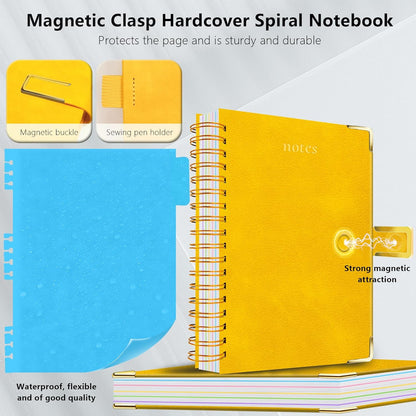 Hardcover Spiral Notebook College Ruled, 8"x10" Leather Journal Notebook with Magnetic Closure, 300 Pages 5 Subject Notebook with Dividers Tabs Journal for Women Men, Work, School(Rose Red)