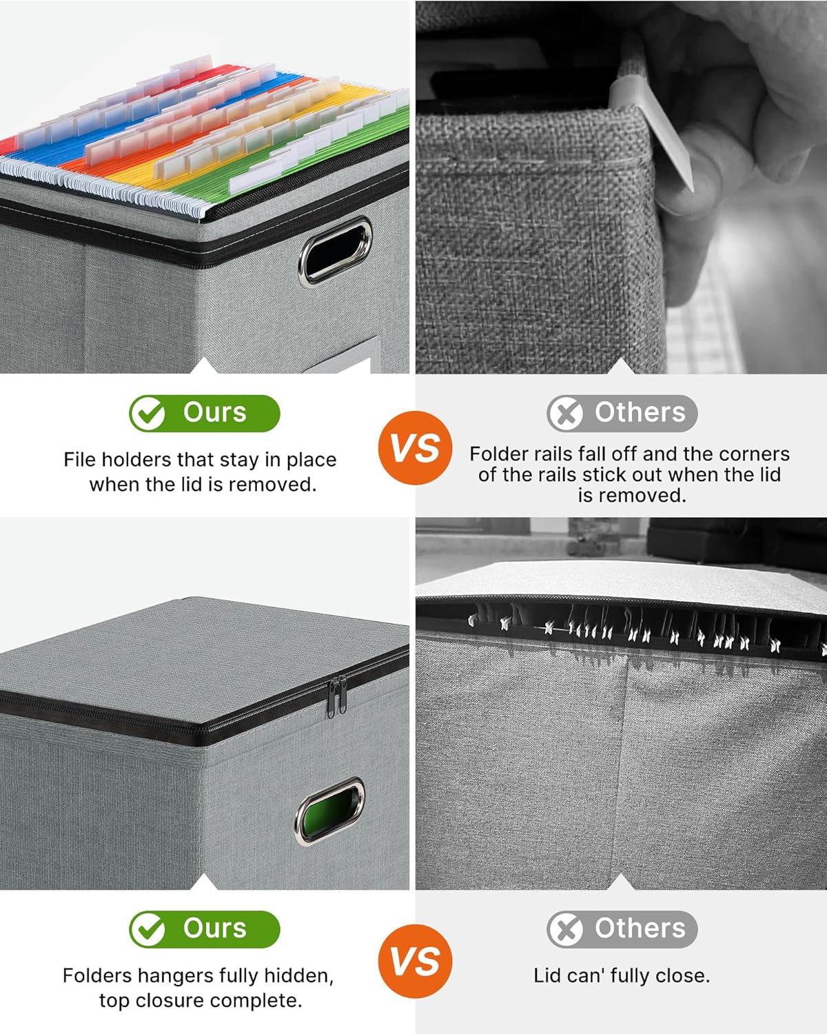 Oterri 2 Pack File Organizer Boxes with Lids, File Box with Mesh Pockets, Document Organizer Box for File Folders Letter Size, Zippers Filing Box for Home, Office, School (Green, Without Folders)