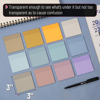 Mr. Pen- Transparent Sticky Notes, 3" x 3", 12 Pads, 600 Sheets, See Through Self-Adhesive Notes for Bible Journaling and Studying, Water-Resistant, Easy to Peel, Clean Removal