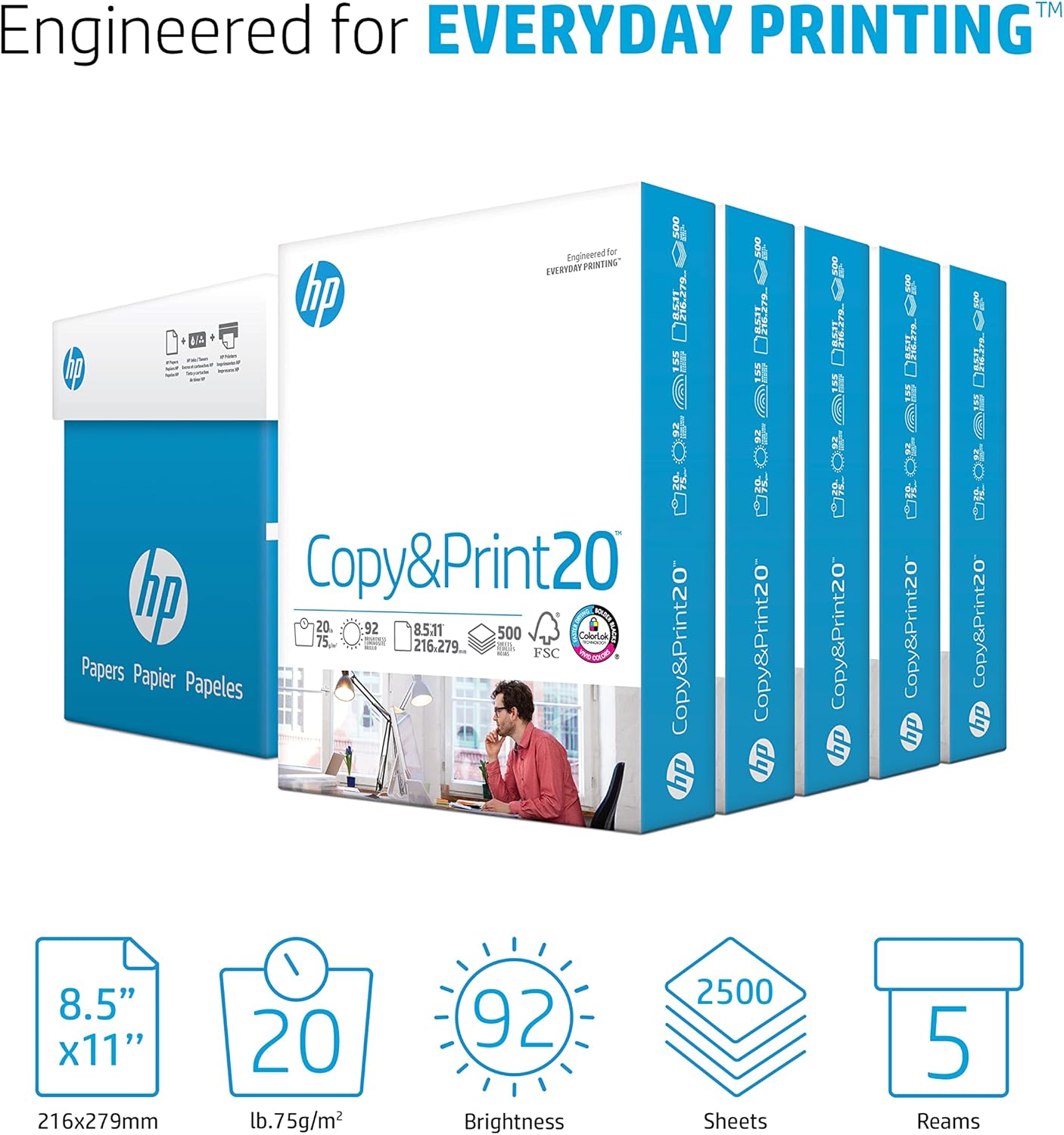 HP Printer Paper | 8.5 x 11 Paper | Copy &Print 20 lb | 1 Ream Case - 500 Sheets| 92 Bright | FSC Certified | 200060