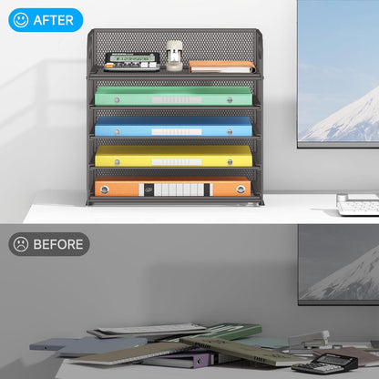 Lavatino 5 Tray Desk File Organizer, Black Mesh Paper Sorter Letter Tray Organizer with Handle, Desktop File Organizer and Storage for Letter/A4 Office File Folder