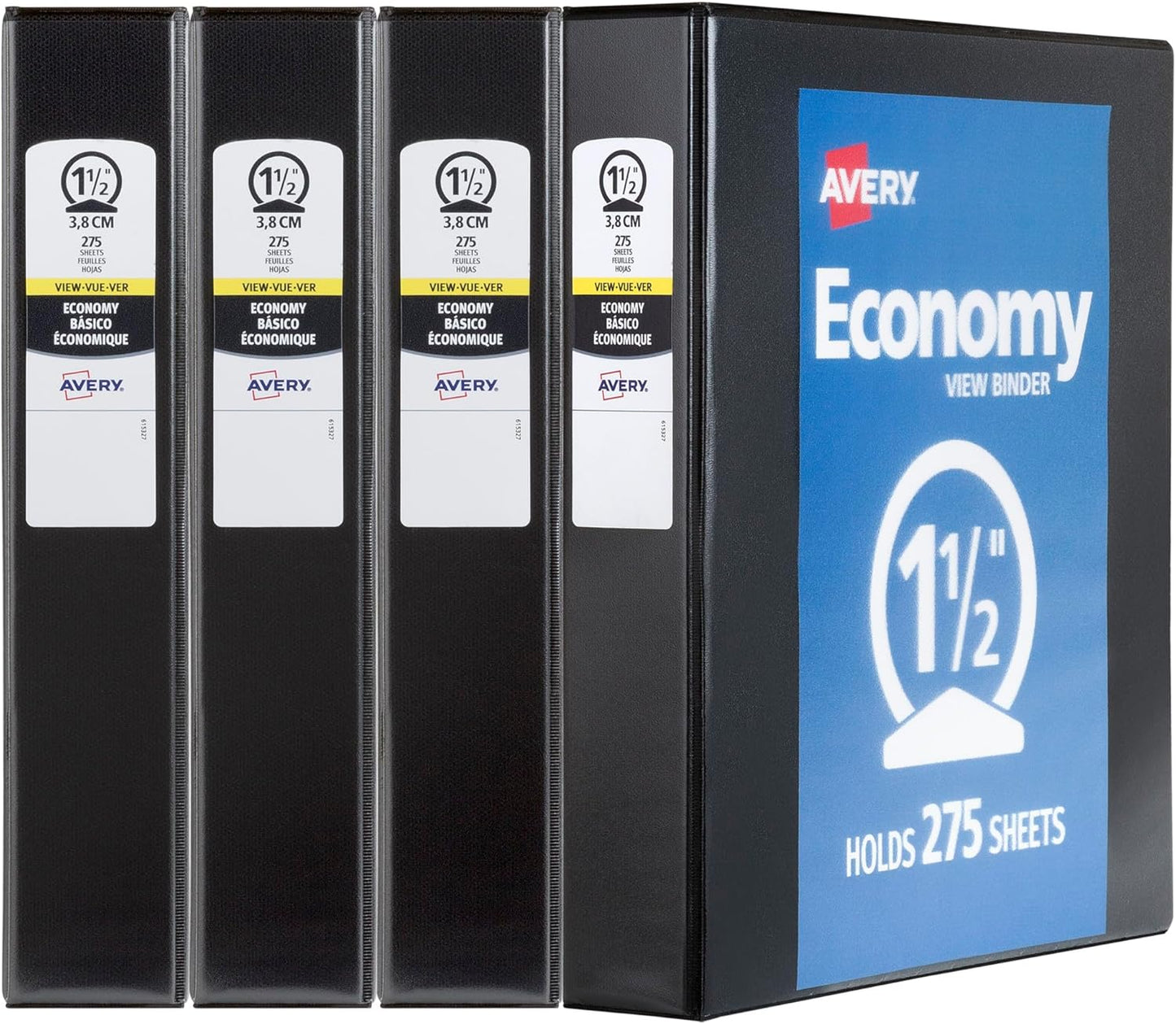 Avery Standard View 3 Ring Binders, 1.5" Round Rings, 275-Sheet Capacity, 2.1 Inch Wide Spine, Black Binders, Ideal for Lightweight Organization and Occasional Referencing (4-Pack of 19204)