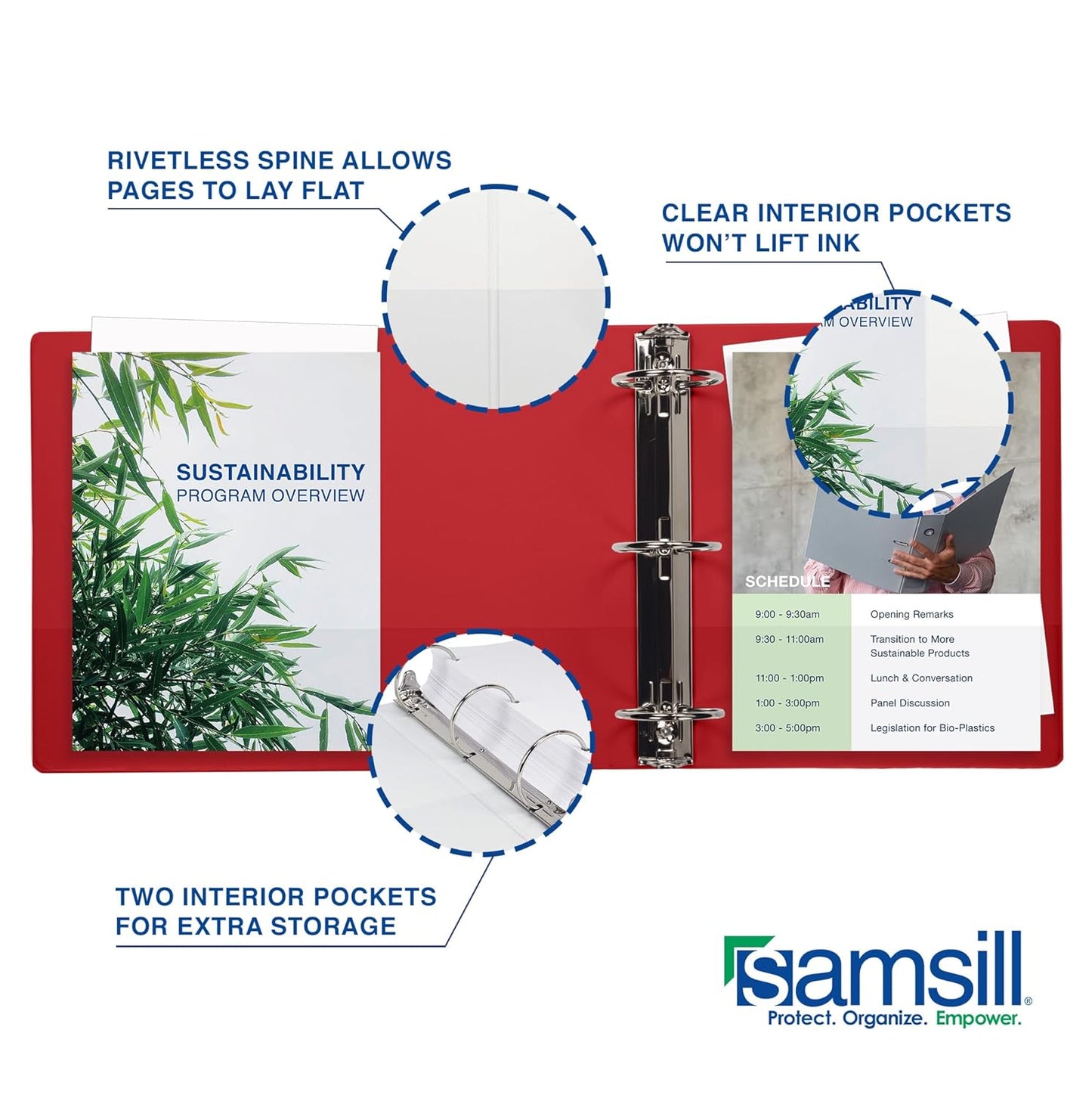 Samsill 2 Inch 3 Ring Binder, Made in USA, Economy Round Ring, Clear View Cover, 425 Sheet Capacity - for School, Home, Office - Red