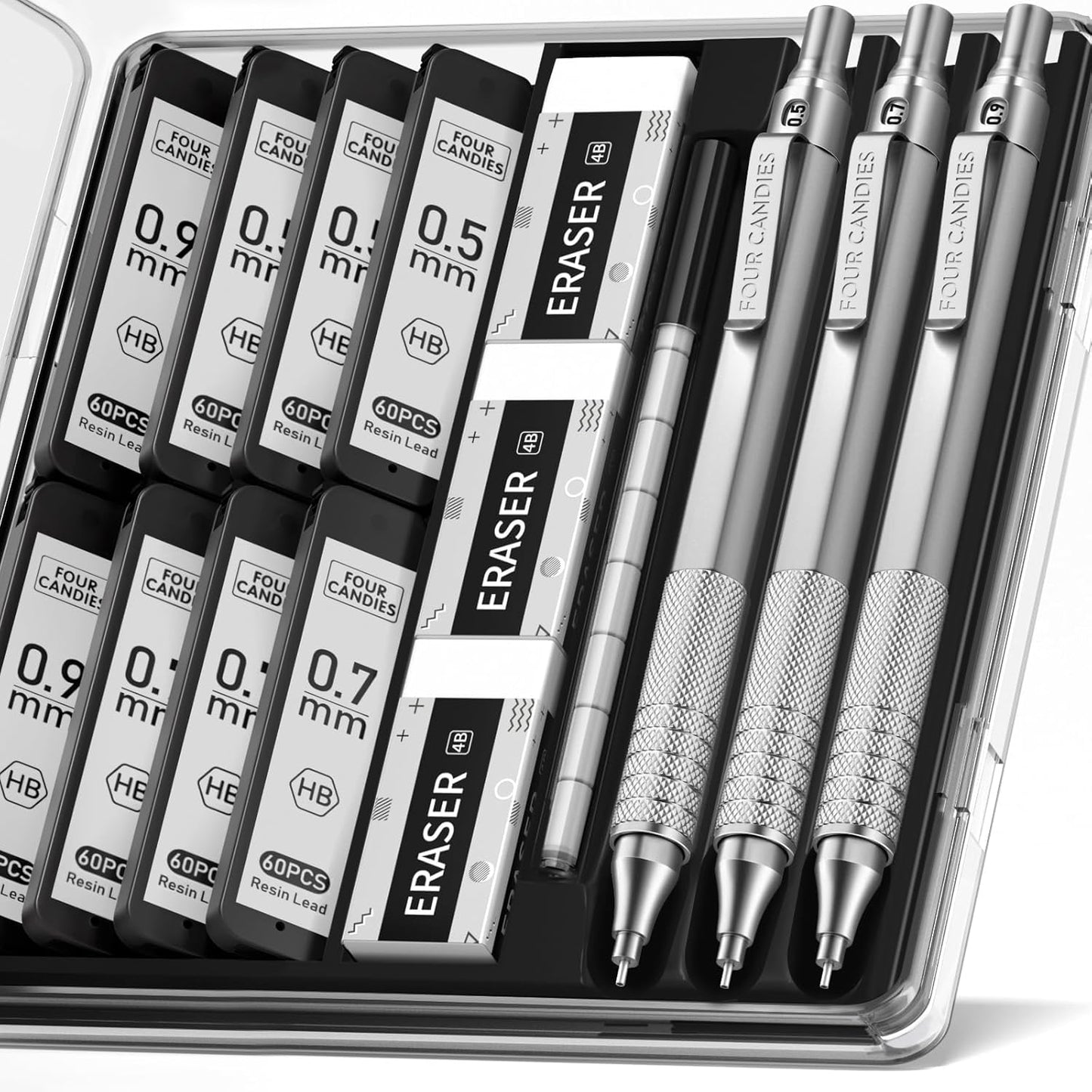 Four Candies Mechanical Graphite Pencil Set, 3pcs Black Metal Pencils with Anti-Skid Grip, Ideal for Artists, Professionals, Teachers and Students