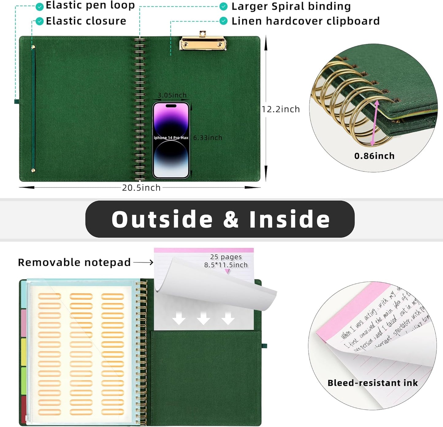Ospelelf Foldable Spiral Clipboard Folio with Storage Zipper Pouch, 5 Plastic Folders with 10 Pockets,Refillable Lined Notepad (11" x 8.5"), Hardcover Project Organizer with 39 Stickers (Purple)