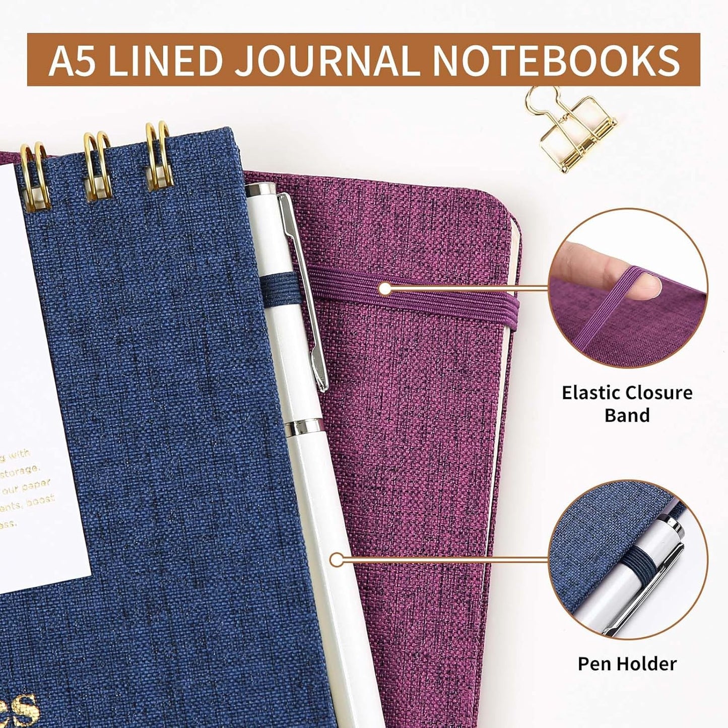 A5 Top Spiral Notebook – Hardcover Journal 160 Pages 100 GSM Thick Paper With Elastic Band & Pen Holder Steno Pads College Ruled Writing Notebooks for Work School Travel Pink