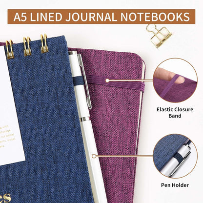 A5 Top Spiral Notebook – Hardcover Journal 160 Pages 100 GSM Thick Paper With Elastic Band & Pen Holder Steno Pads College Ruled Writing Notebooks for Work School Travel Pink