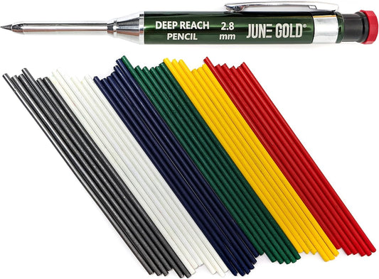 June Gold 2.8 mm Deep Reach Metal Carpenter Pencil, 36 Colored Refills, 6 Colors, 40 mm reach, 6 mm width, Built-in Sharpener, Construction, Shop, Glass, Machine, Indoor, and Outdoor