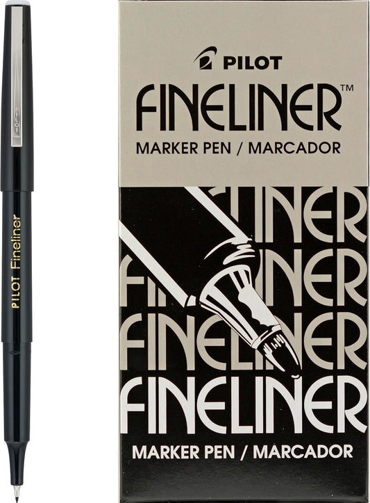 PILOT Fineliner Marker Pens, Fine Point, Black Ink, Dozen Box (11002)