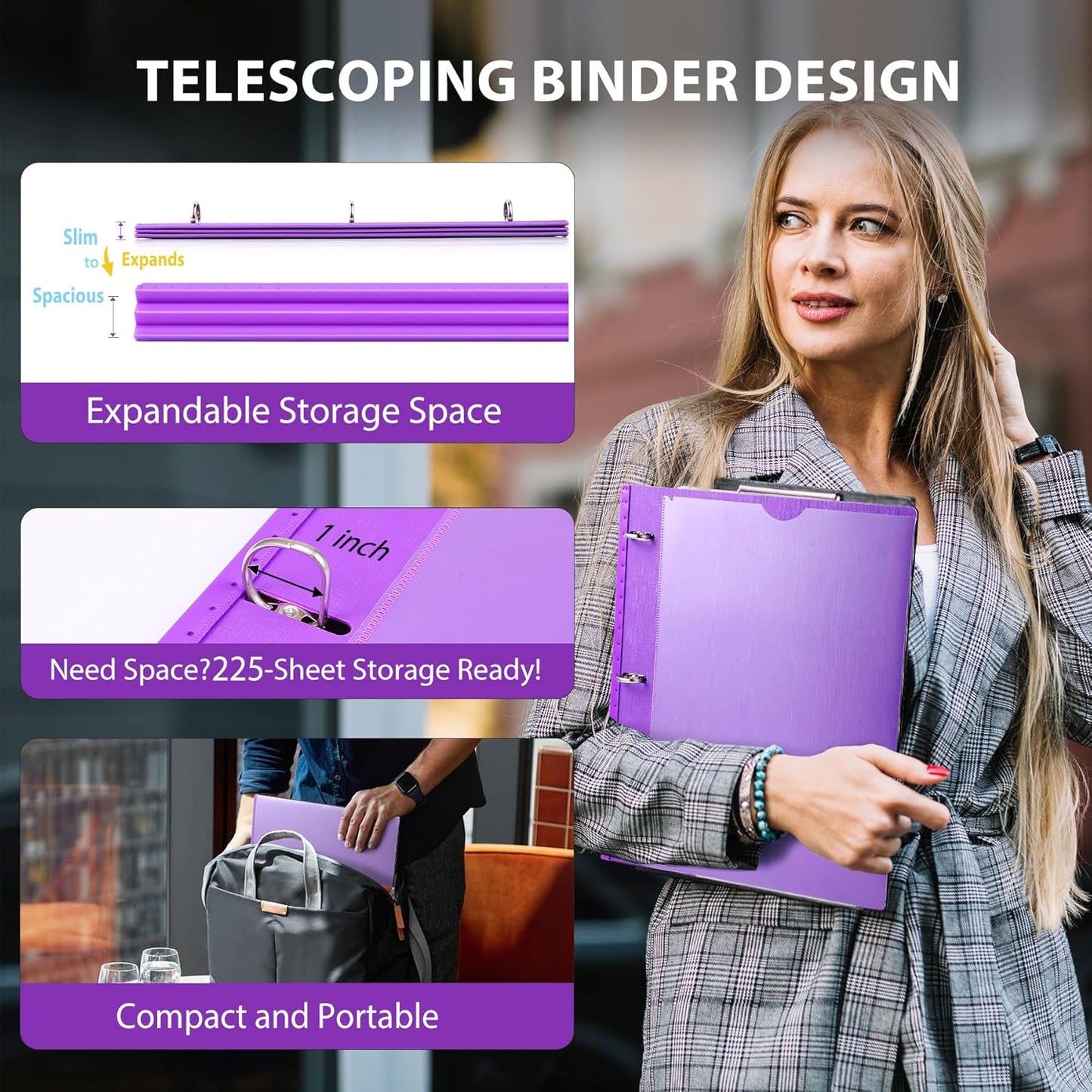 WOT I 1 Inch Telescoping 3 Ring Binder 4 Pack, Expandable Flexible Binder with Customizable Front Cover & Clear Catalog Pocket, Holds 225 Sheets, School Office Supplies, White