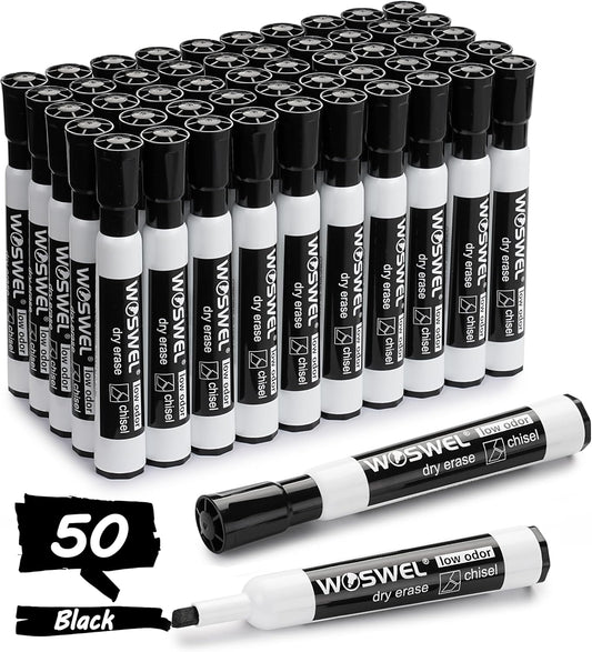 WOSWEL Dry Erase Markers Bulk, Chisel Tip Whiteboard Markers, Low Odor Thick Dry Markers, 50 Black Color for Teachers, Classroom, Office & Home Use