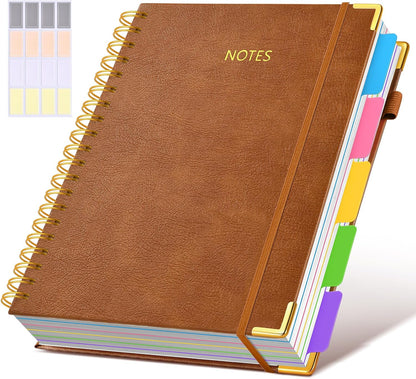 Hardcover Spiral Notebook Journal with Removable Dividers Tabs, 300 Pages Leather 5 Subject Notebook College Ruled, 8"x10" Large B5 Notebooks for Work School Note taking, Lined Journal for Women, Pink