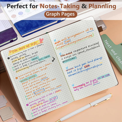PERCUN Graph Paper Notebook, 160 Pages Grid Journal for women & men, A5 Hardcover Leather Graphing Notebook for School, Work, Travel, Note Taking 5.9”x8.5” (Black)