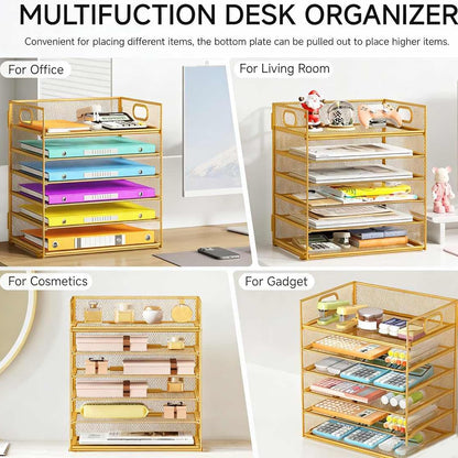 Lavatino 5 Tray Desk File Organizer, Black Mesh Paper Sorter Letter Tray Organizer with Handle, Desktop File Organizer and Storage for Letter/A4 Office File Folder