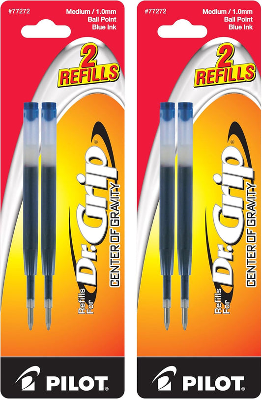 Pilot Dr. Grip Center of Gravity Ballpoint Pen Refills, Medium Point, Blue Ink, 4 Refills