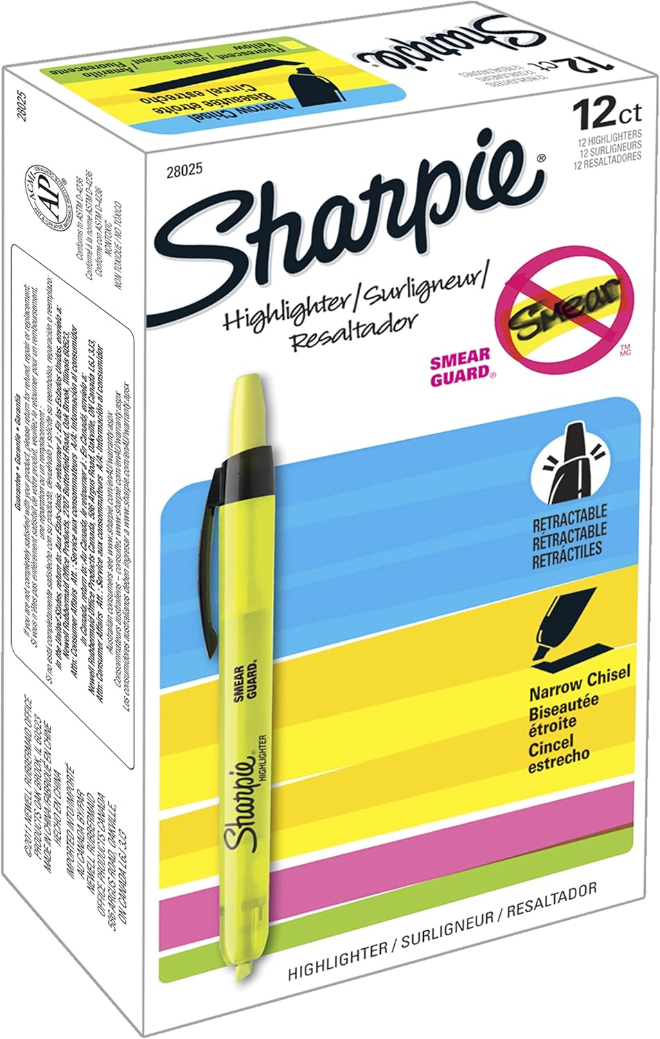 Sharpie Retractable Highlighters, Chisel Tip, Fluorescent Yellow, 12 Count