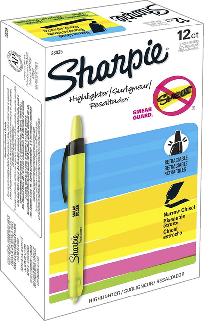 Sharpie Retractable Highlighters, Chisel Tip, Fluorescent Yellow, 12 Count