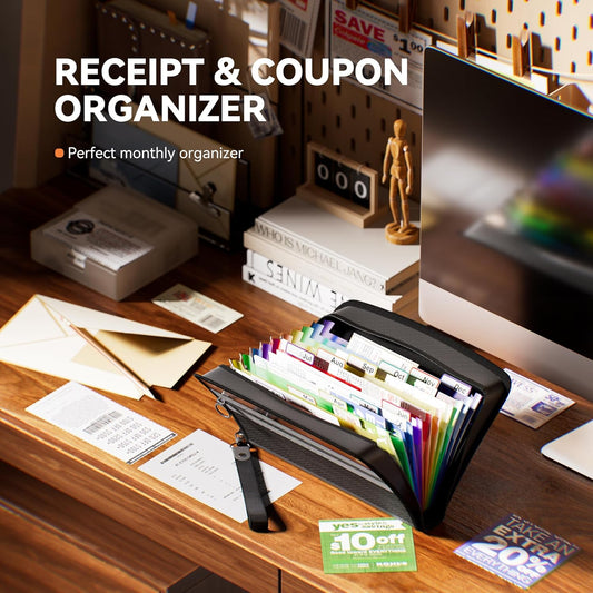 ThinkTex Receipt Coupon Organizer, 12 Pockets Small Accordion File Organizer, Junior Size 11x 6.6 Inches, Zipper Closure, Multi-Color Tabs