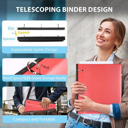WOT I 1 Inch Telescoping 3 Ring Binder 4 Pack, Expandable Flexible Binder with Customizable Front Cover & Clear Catalog Pocket, Holds 225 Sheets, School Office Supplies, White