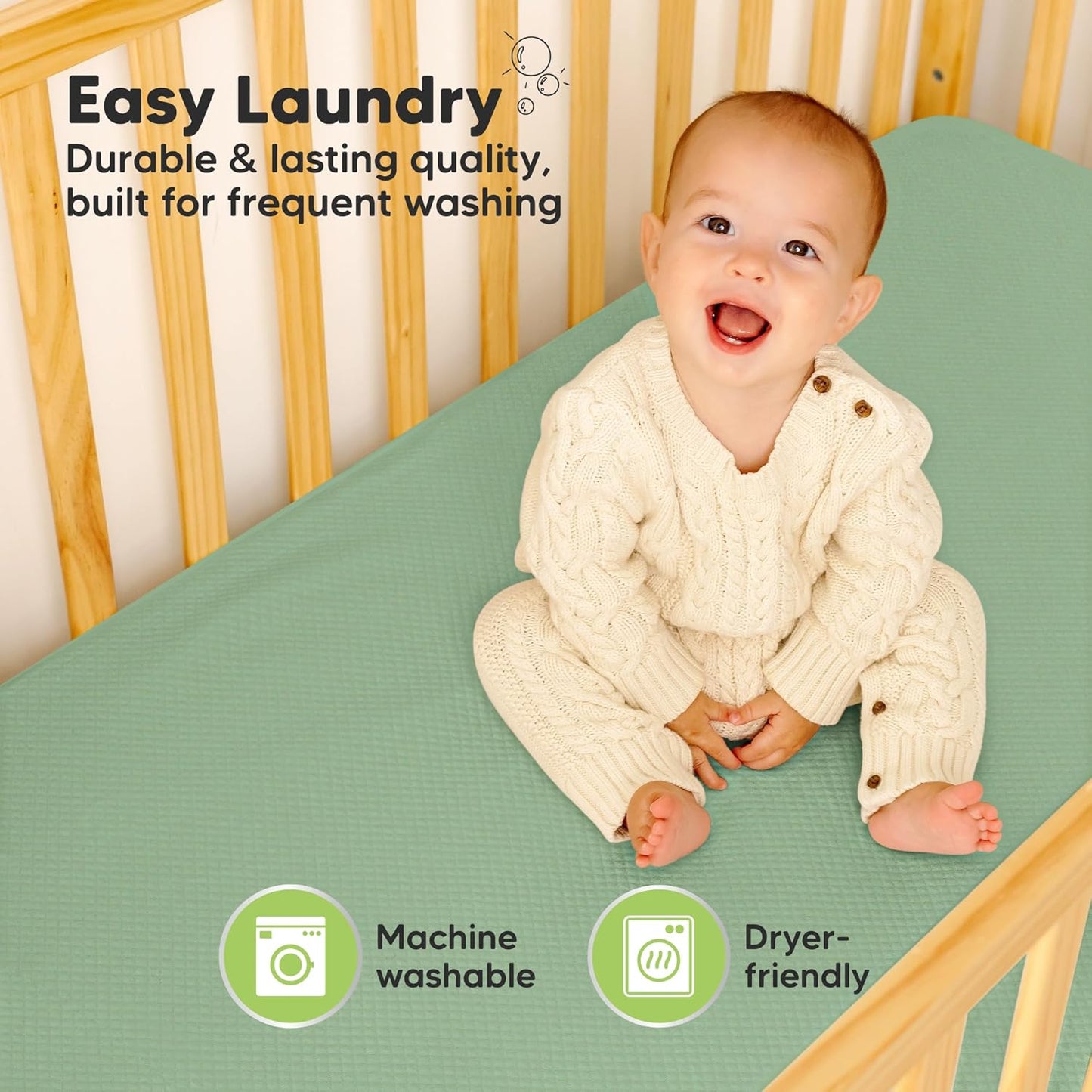 2-Pack Waterproof Crib Mattress Protector Cover Fitted - Quiet Baby Crib Mattress Pad Sheets, 52" x 28" Soft Quilted Cotton Baby Sheet, Machine Washable, Easy Fit, Durable (Soft White/Mavy)