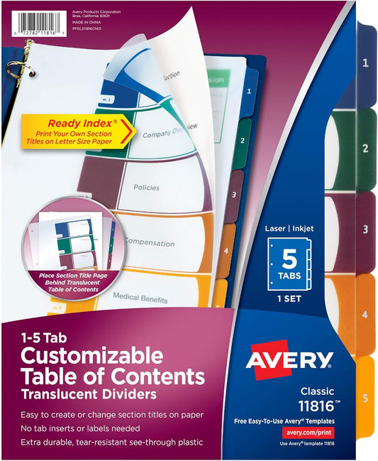Avery Plastic 5 Tab Binder Dividers, Customizable Table of Contents, Multicolor Tabs, 1 Set (11816)