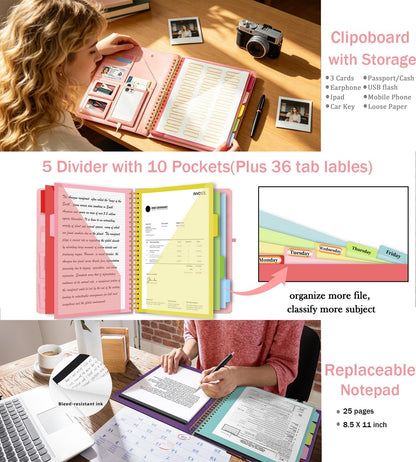 Grey Foldable Spiral Clipboard Folio with Storage Zipper Pouch, 5 Plastic Folders with Pockets,Refillable Lined Notepad (8.5" x 11"), Hardcover Project Organizer with 39 Stickers