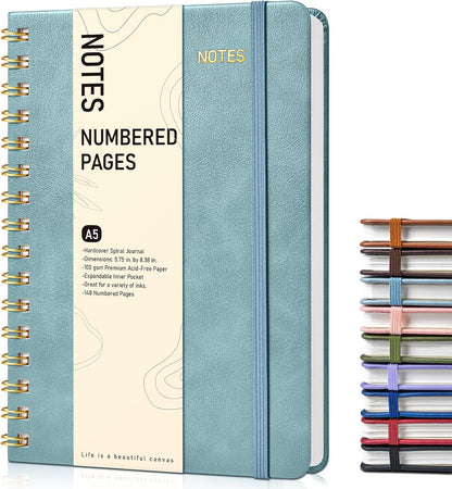 Lined Spiral Journal Notebook, A5 Hardcover Spiral Journals for Women Men, 150 Numbered Pages Spiral Bound Notebook, 100 GSM College Ruled Notebooks for Work, Note Taking 5.75" x 8.38", Olive Green