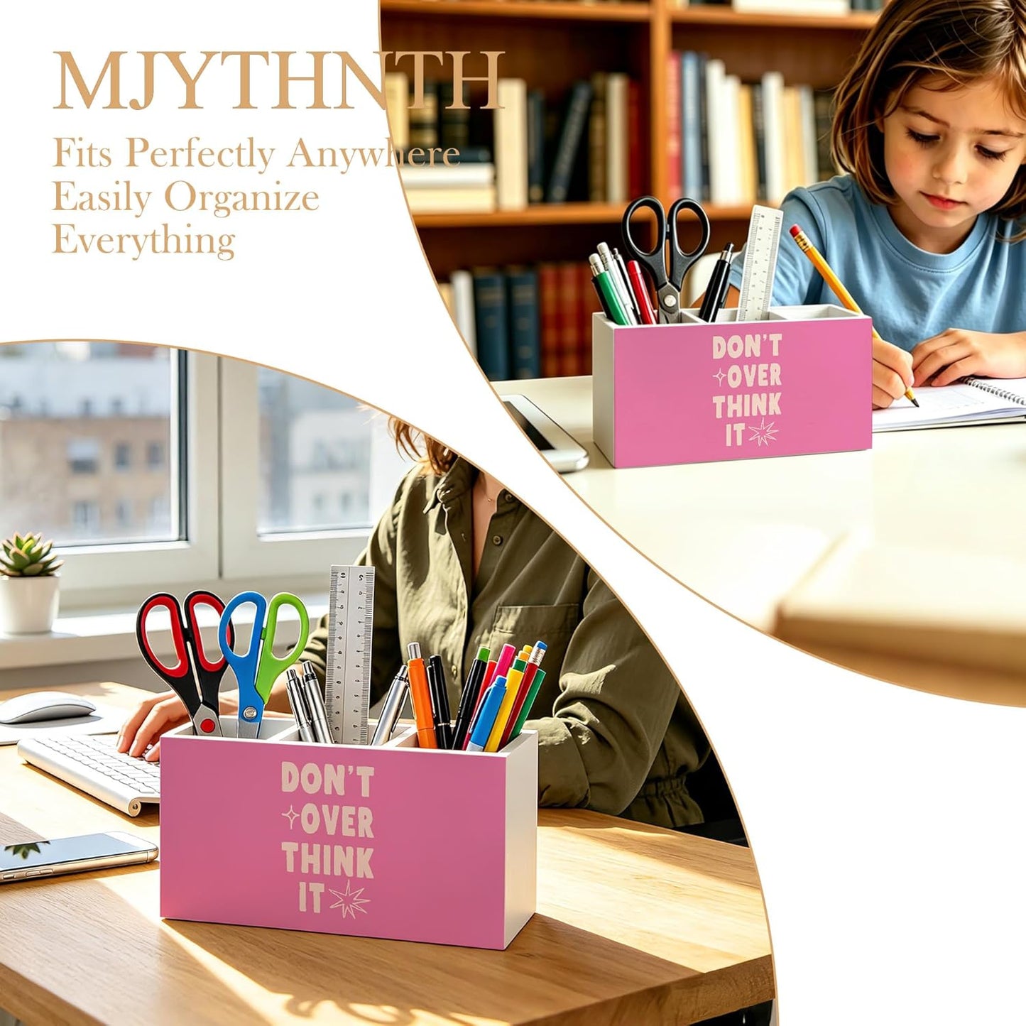 Don't Overthink It Inspirational Pencil Pen Holder for Desk, Pink Positive Affirmations Wooden Box Sign Pen Holder Organizer for Home Office School Desk Accessories