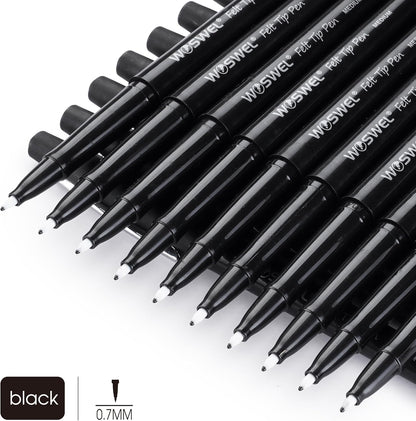 WOSWEL Black Felt Tip Pens, 32 Black Pens, 0.7mm Medium Point Felt Tip Markers Pens for Journaling, Note Taking, Planner, Writing,Drawing.Perfect for Art Office and School Supplies