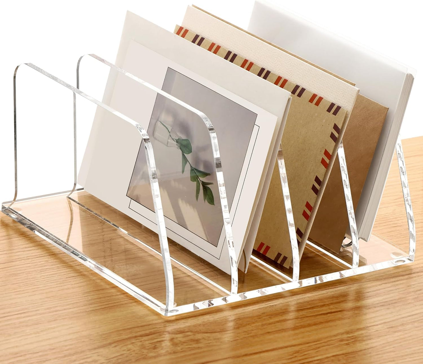 SANRUI 5 Compartments Acrylic Mail Sorter Holder, Clear Document Magazine Envelope File Rack, Vertical Letter Sorter & Multifunction Desk Organizer for Bills, Documents, Notebooks