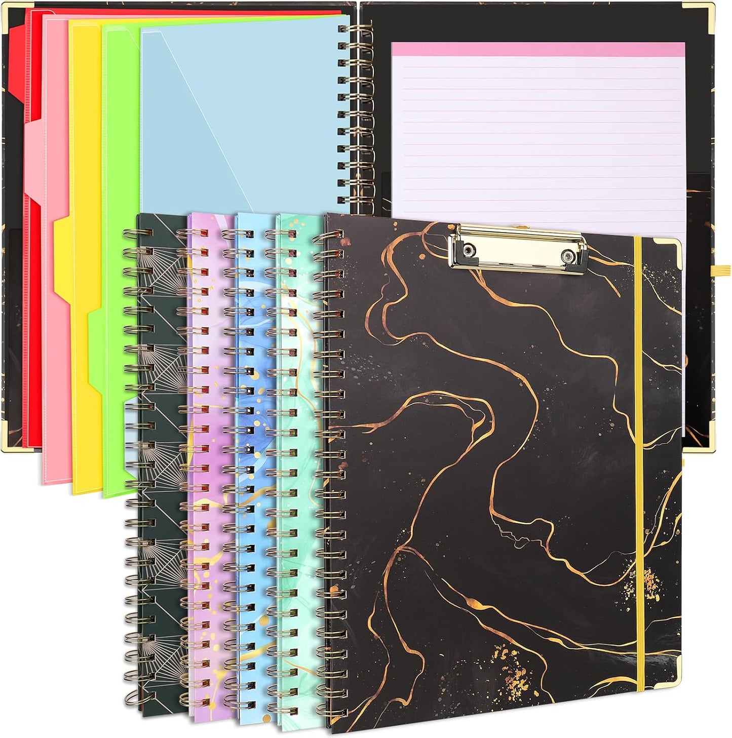 Foldable Spiral Clipboard Folio with Refillable Lined Notepad,5 Plastic Folders with 10 Pockets,Storage Clipboard Folder with Labels,Clipboards with Storage for Office Planner Clip Board-Pale Blue