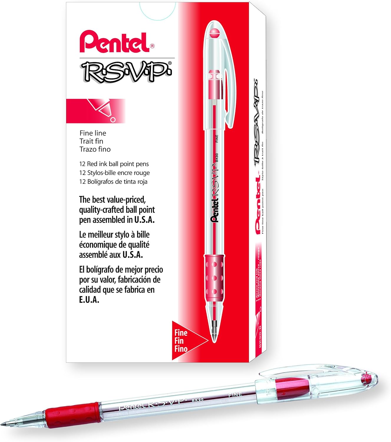 Pentel RSVP Ballpoint Pen, Fine Line, (0.7mm), Black Ink (BK90-A) (Pack of 1, 12 Count Total)