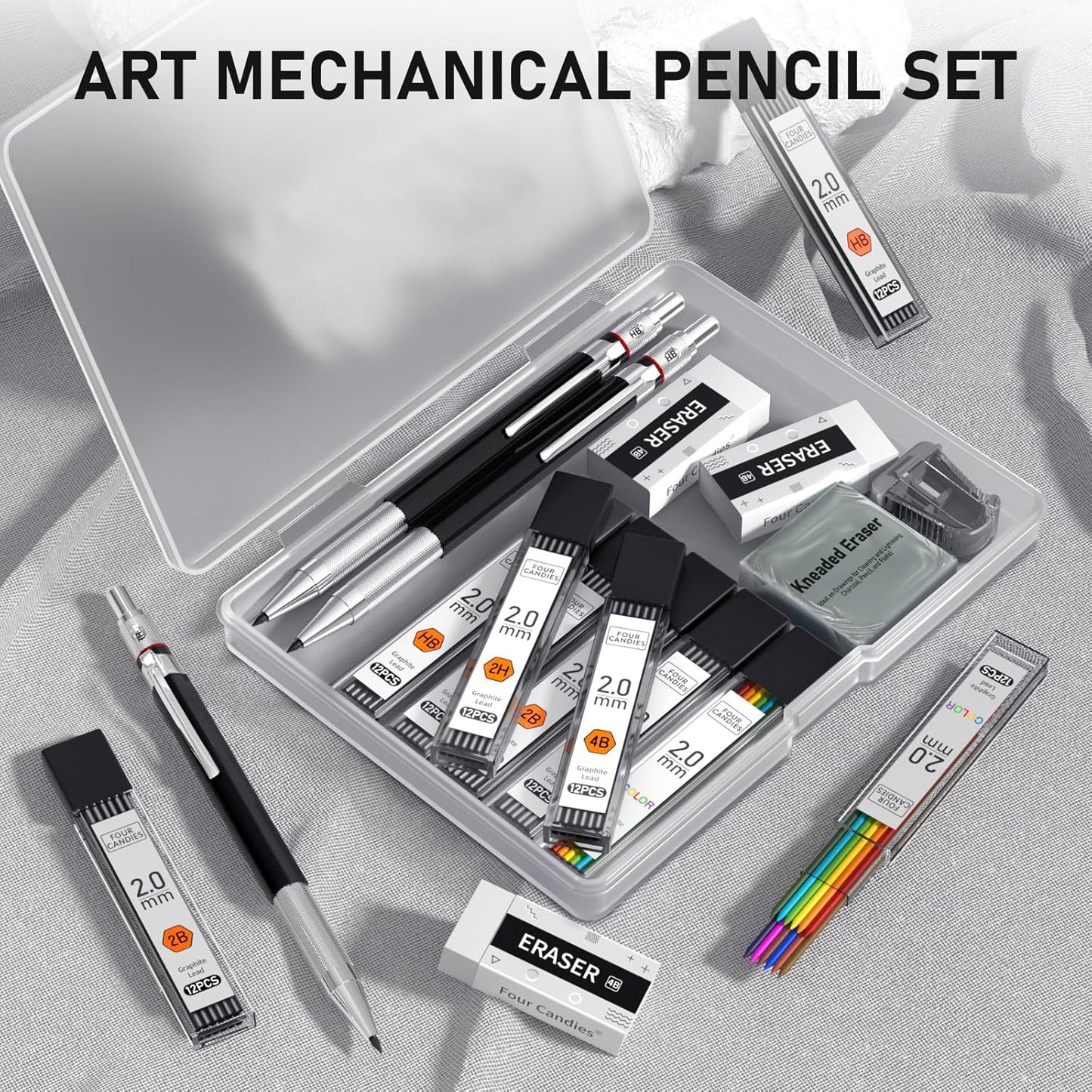 Four Candies 2MM Mechanical Pencil Set with case, Artist Led Pencil Metal Lead Holder with 60PCS Graphite Lead Refill (HB, 2H, 2B, 4B, Color) Kneaded Eraser, Sharpener for Writing, Drawing, Sketching