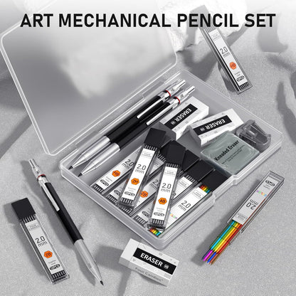 Four Candies 2MM Mechanical Pencil Set with case, Artist Led Pencil Metal Lead Holder with 60PCS Graphite Lead Refill (HB, 2H, 2B, 4B, Color) Kneaded Eraser, Sharpener for Writing, Drawing, Sketching