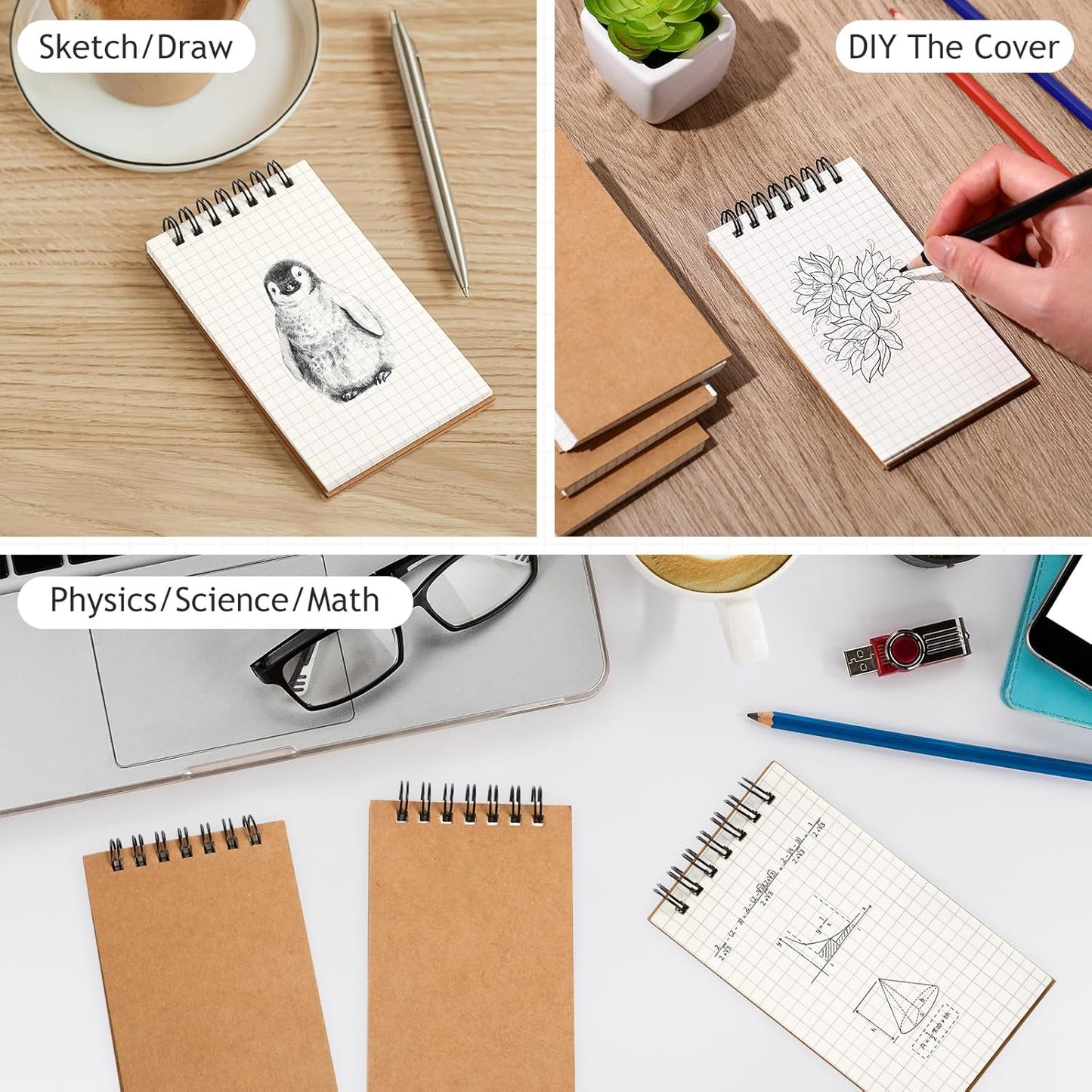 Jutom 2 Pcs Mini Pocket Notebooks Bulk 3x5 Graph Paper Top Spiral Notebook 120 Pages 80 Gsm Mini Grid Notepads Small Memo Pads for Home Classroom Office Business Work Supplies (Kraft)