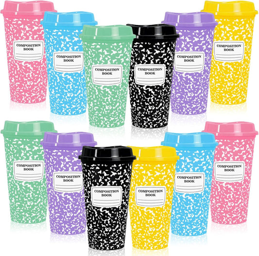 Whaline 12 Pack 16Oz Back to School Reusable Coffee Cups with Lids Plastic Tumbler Pastel Composition Notebook Coffee Travel Mug for First Day of School Party Supplies Hot Cold Drinks